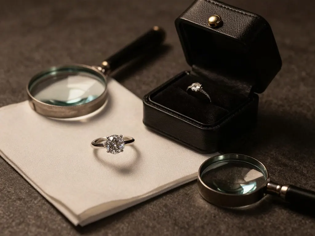 A diamond ring on a polishing cloth beside a leather case and a loupe