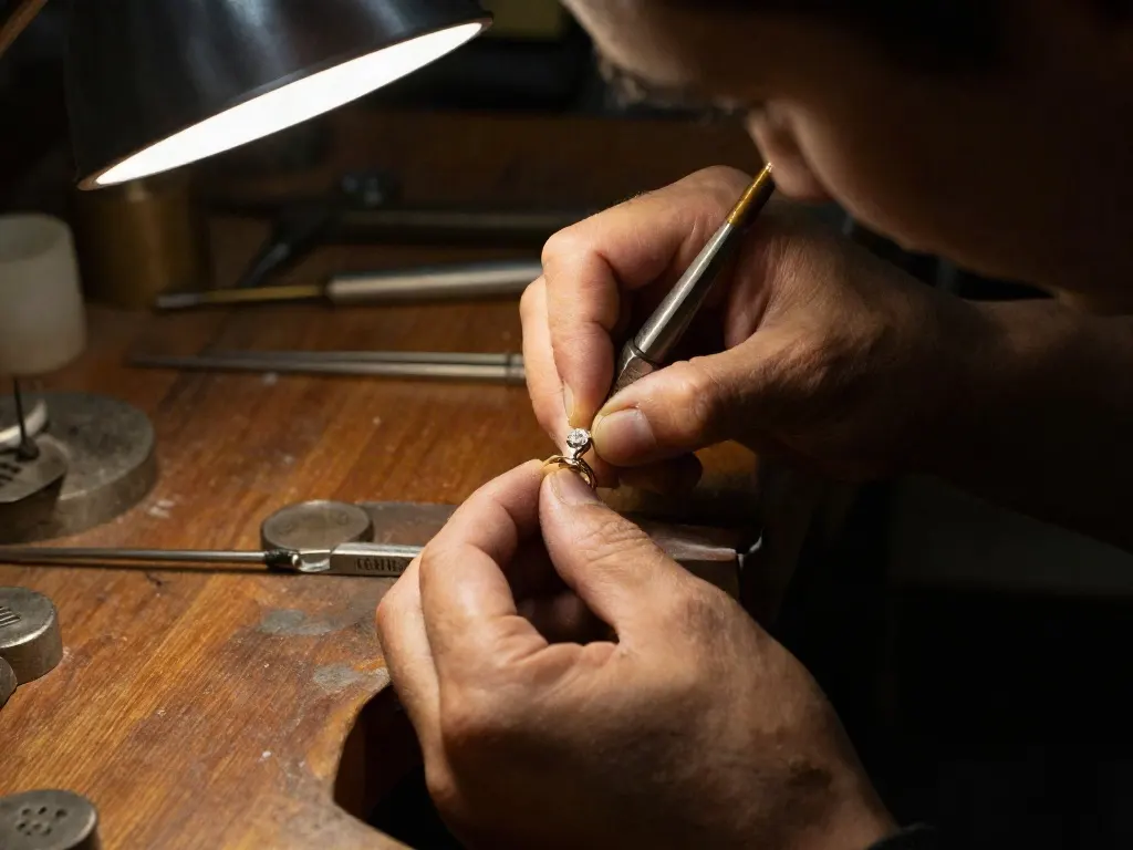 A goldsmith setting a diamond into a ring under a bench lamp