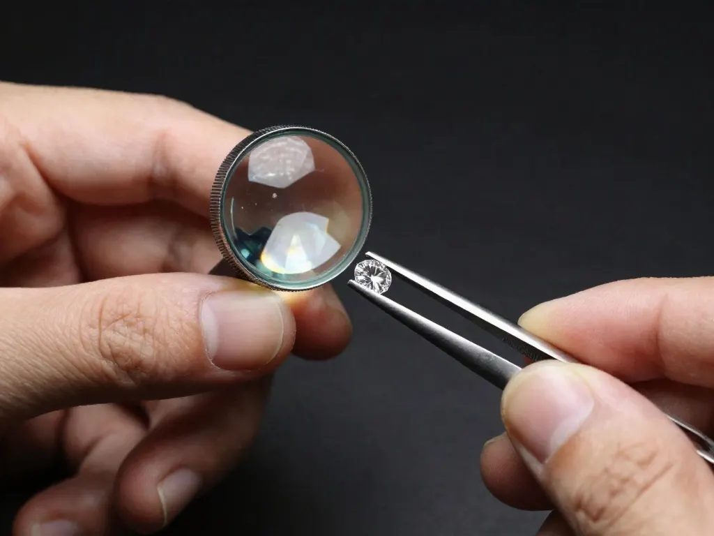 A gemmologist inspecting a loose diamond with a loupe and tweezers
