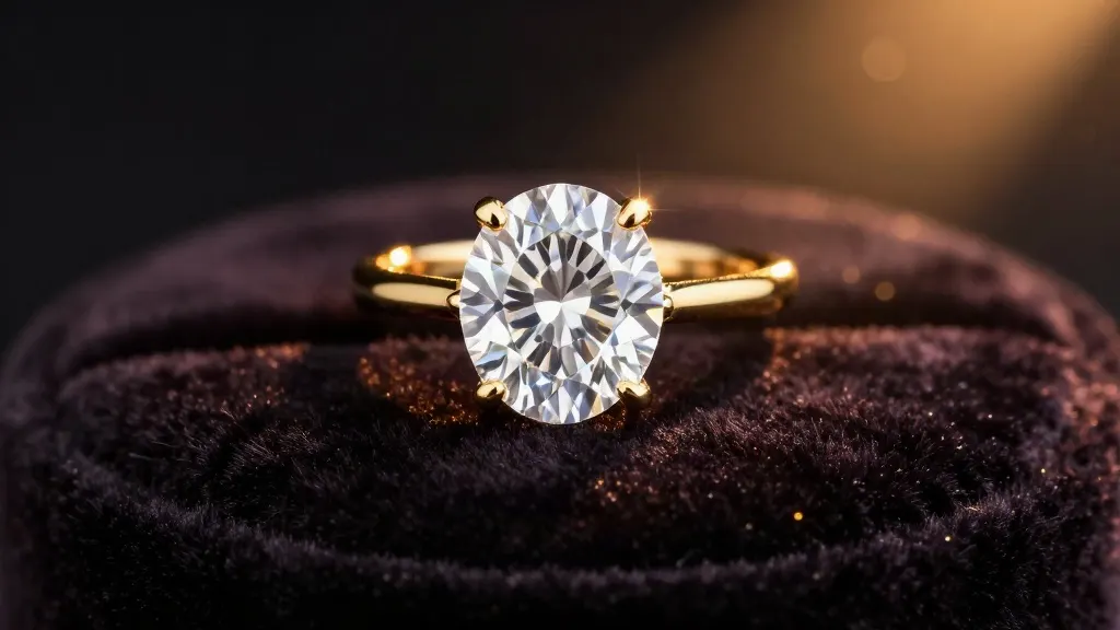 A brilliant-cut diamond ring in yellow gold resting on dark velvet under a warm spotlight