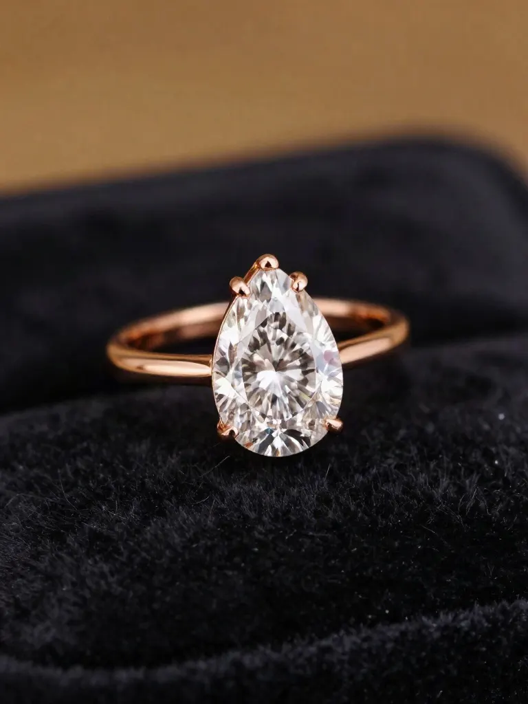 Rose gold ring with a pear-shaped diamond on velvet