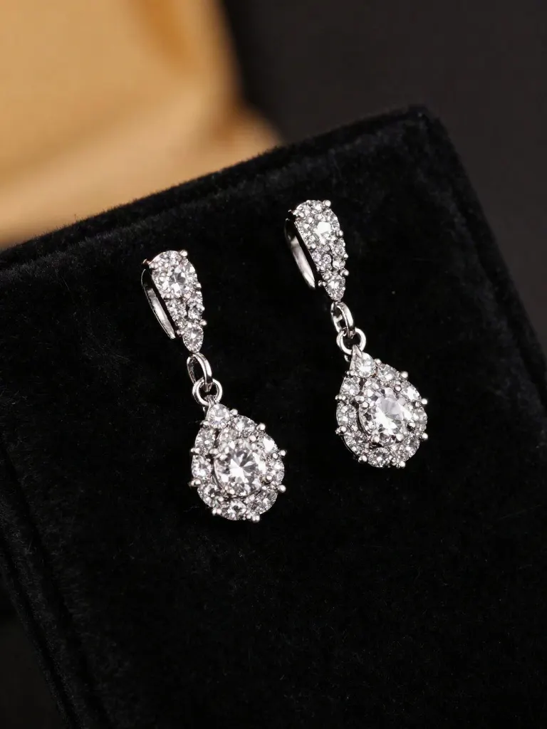 White gold diamond drop earrings on velvet