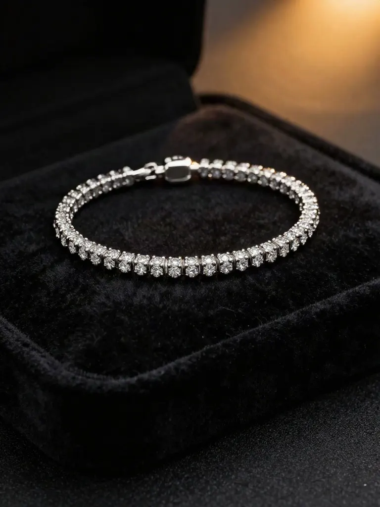 Diamond tennis bracelet coiled on velvet