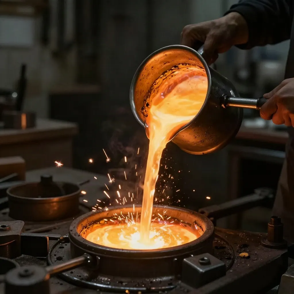 Molten gold poured from a crucible in the casting workshop
